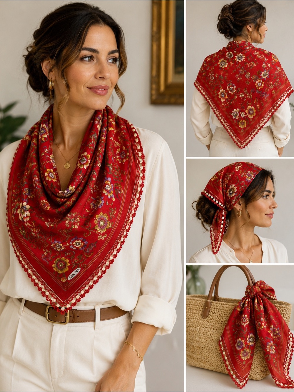 Altan Ipek Red Floral Square Scarf 39” Crochet Lace Trim Turkish Boho